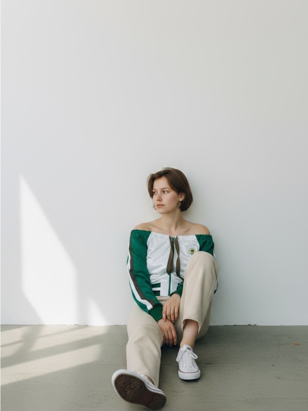 Green and White Off-Shoulder Jacket
